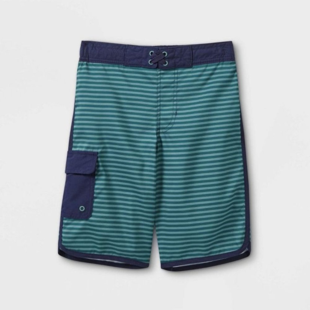Cat & Jack Boys' Striped Board Shorts - Blue/Dark Green